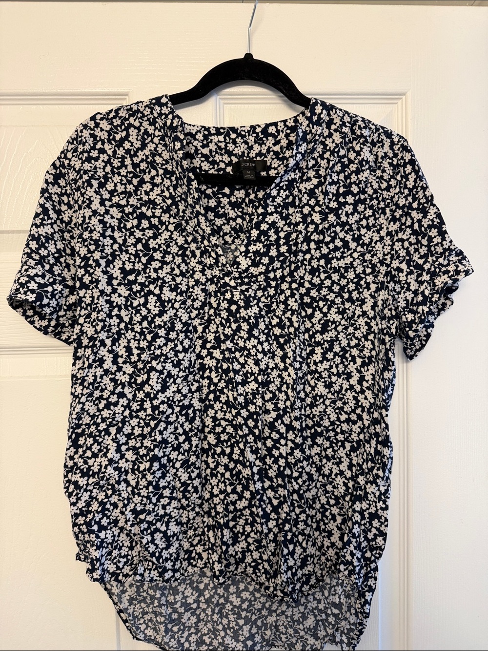 J. Crew Navy and White Floral Short-Sleeve V-Neck Blouse